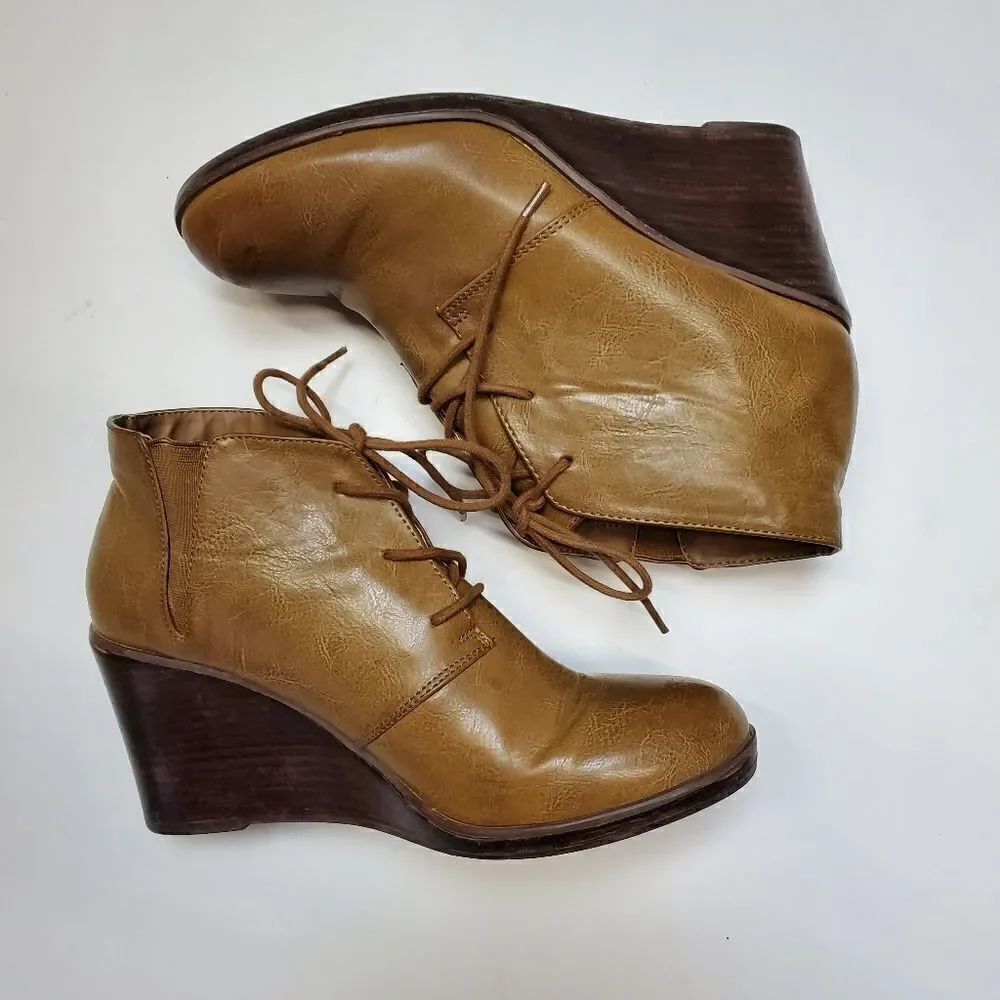 Torrid tan faux leather wedge booties lace up